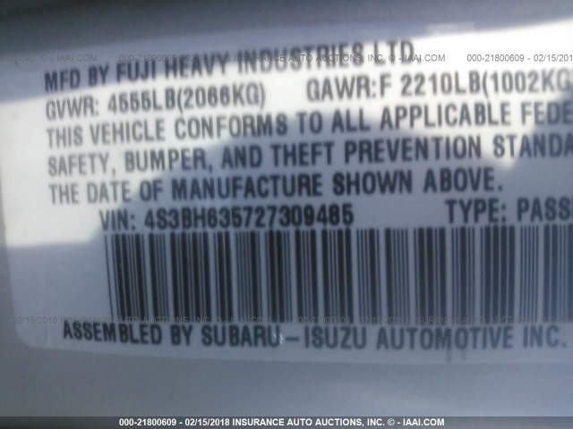 4S3BH635727309485 - 2002 SUBARU LEGACY L SILVER photo 9