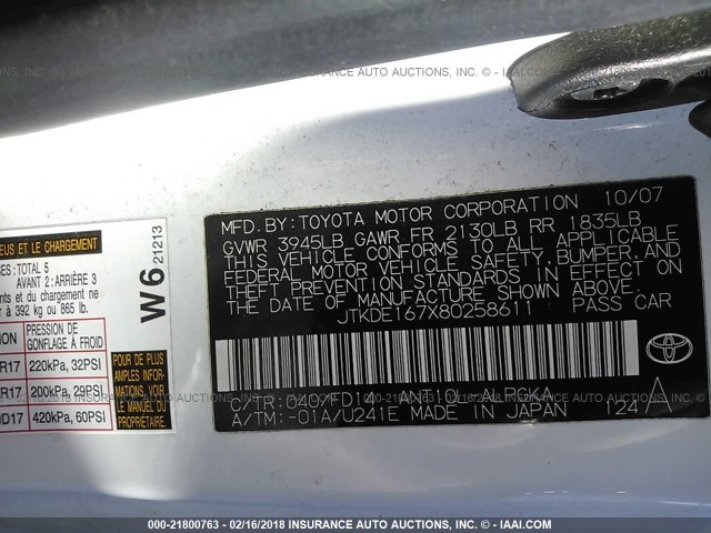 JTKDE167X80258611 - 2008 TOYOTA SCION TC 白色 照片 9