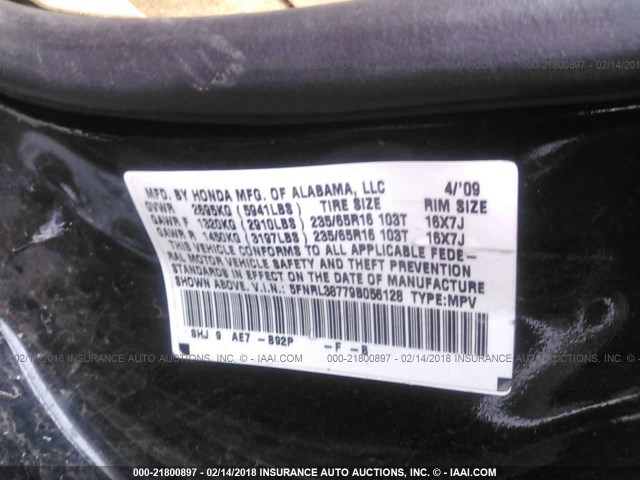 5FNRL38779B056128 - 2009 HONDA ODYSSEY EXL შავი ფოტო 9