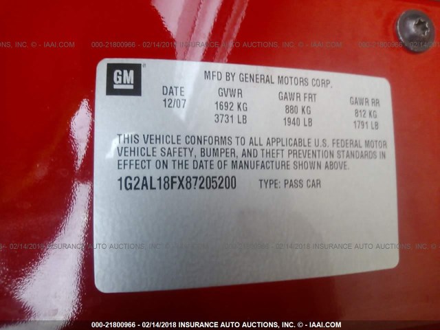 1G2AL18FX87205200 - 2008 PONTIAC G5 RED photo 9