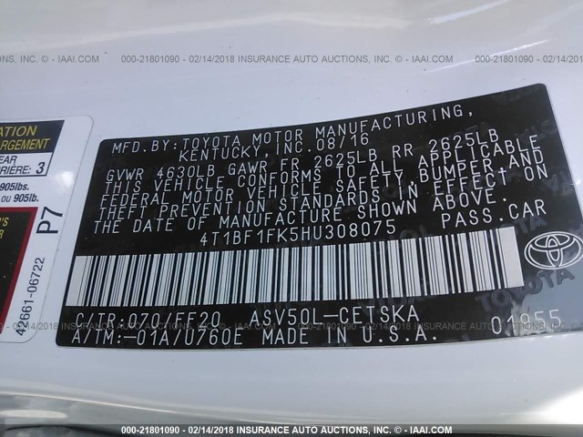 4T1BF1FK5HU308075 - 2017 TOYOTA CAMRY LE/XLE/SE/XSE WHITE photo 9