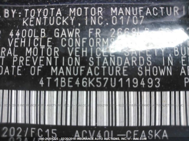 4T1BE46K57U119493 - 2007 TOYOTA CAMRY NEW GENERAT CE/LE/XLE/SE BLACK photo 9