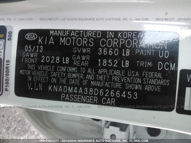 KNADM4A38D6266453 - 2013 KIA RIO LX Սպիտակ լուսանկար 9