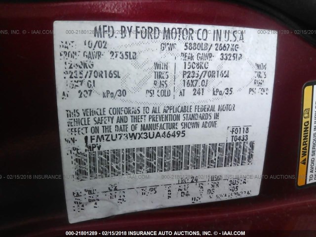 1FMZU73WX3UA46495 - 2003 FORD EXPLORER XLT/XLT SPORT/NBX RED photo 9