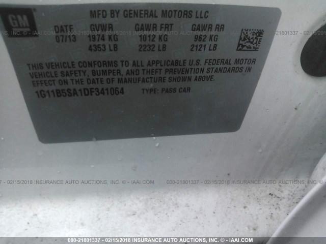 1G11B5SA1DF341064 - 2013 CHEVROLET MALIBU LS 白色 照片 9