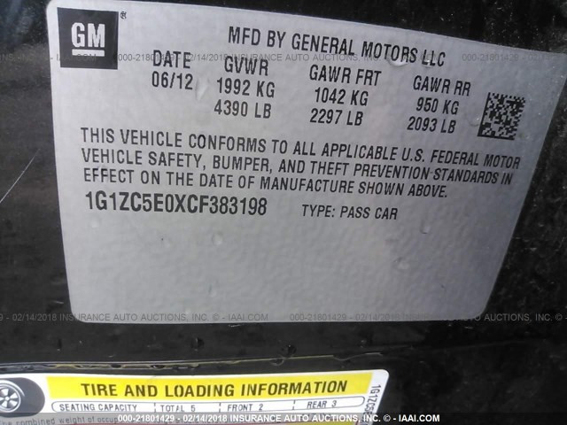 1G1ZC5E0XCF383198 - 2012 CHEVROLET MALIBU 1LT 黑色 照片 9