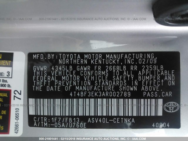4T4BF3EK3AR002789 - 2010 TOYOTA CAMRY SE/LE/XLE SILVER photo 9
