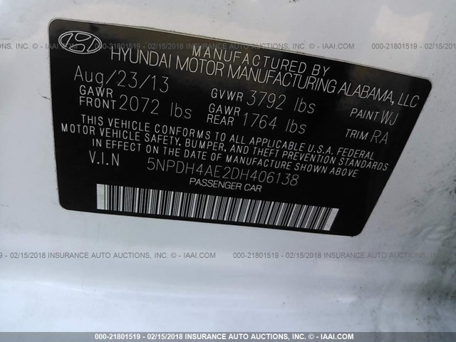 5NPDH4AE2DH406138 - 2013 HYUNDAI ELANTRA GLS/LIMITED WHITE photo 9