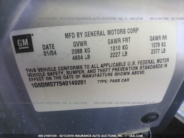 1G6DM577540149261 - 2004 CADILLAC CTS SILVER photo 9