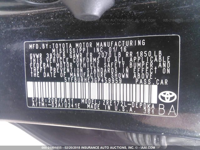 5YFBURHE3GP459959 - 2016 TOYOTA COROLLA L/LE/LE PLS/PRM/S/S PLS BLACK photo 9