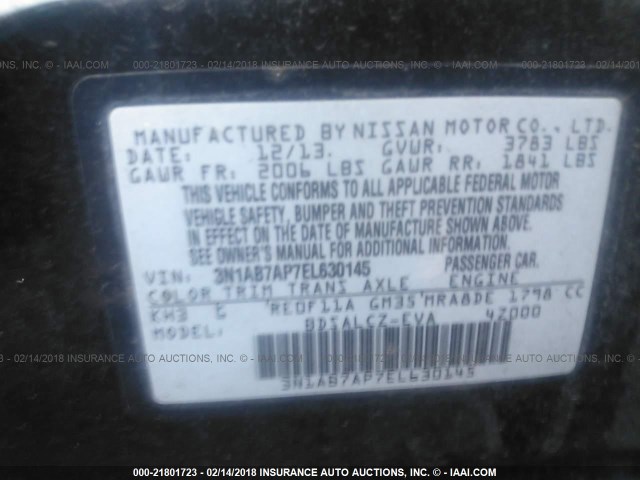 3N1AB7AP7EL630145 - 2014 NISSAN SENTRA S/SV/SR/SL BLACK photo 9