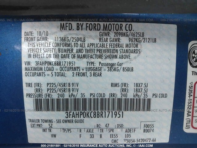 3FAHP0KC8BR171951 - 2011 FORD FUSION SPORT BLUE photo 9