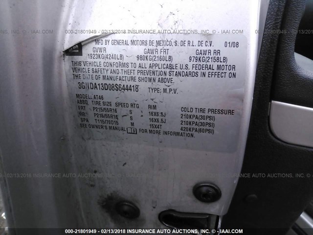 3GNDA13D08S644418 - 2008 CHEVROLET HHR LS SILVER photo 9