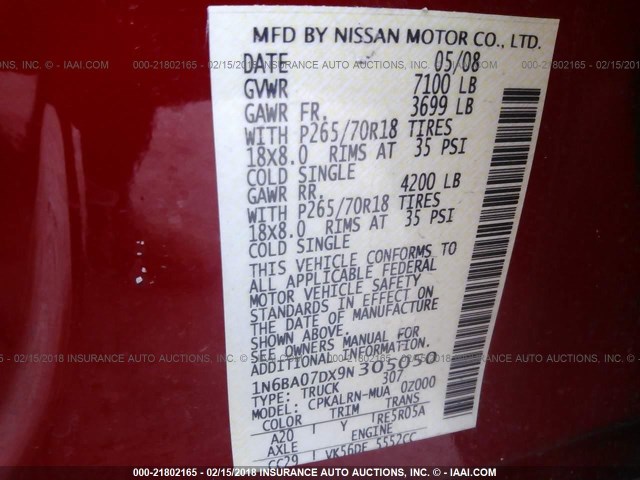 1N6BA07DX9N305050 - 2009 NISSAN TITAN XE/SE/LE RED photo 9