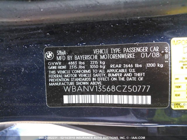 WBANV13568CZ50777 - 2008 BMW 528 XI BLUE photo 9