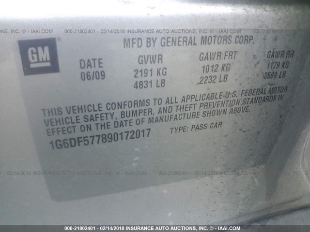 1G6DF577890172017 - 2009 CADILLAC CTS SILVER photo 9