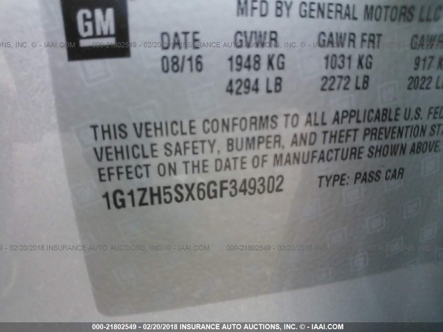 1G1ZH5SX6GF349302 - 2016 CHEVROLET MALIBU LTZ 银色 照片 9