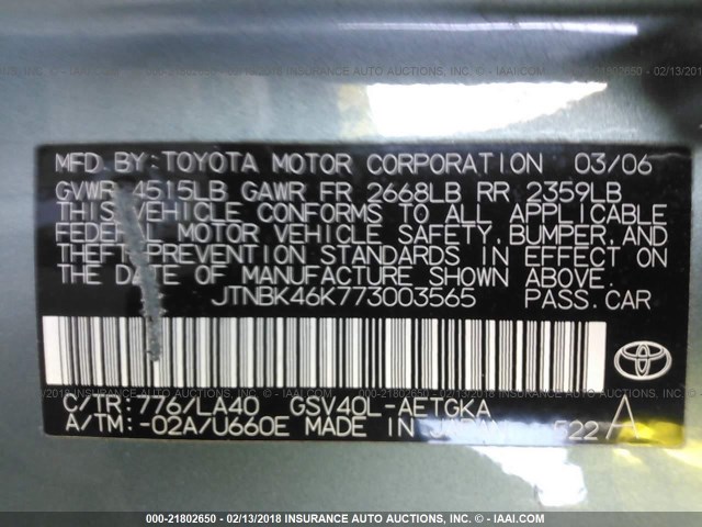 JTNBK46K773003565 - 2007 TOYOTA CAMRY NEW GENERAT LE/XLE/SE GREEN photo 9