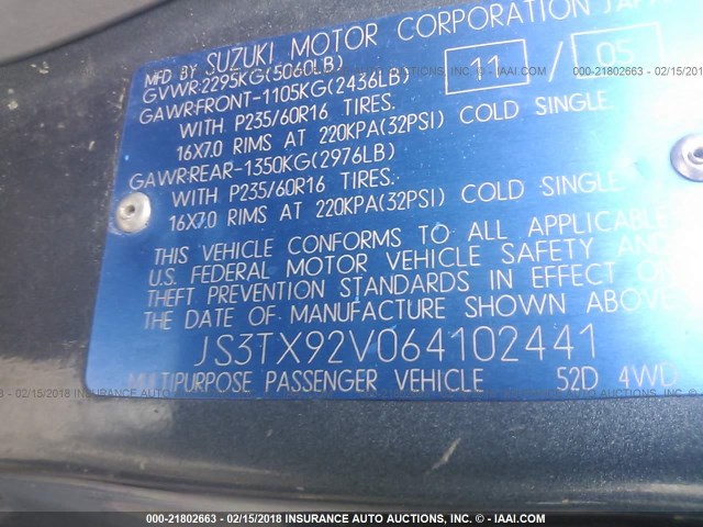 JS3TX92V064102441 - 2006 SUZUKI XL7 GRAY photo 9