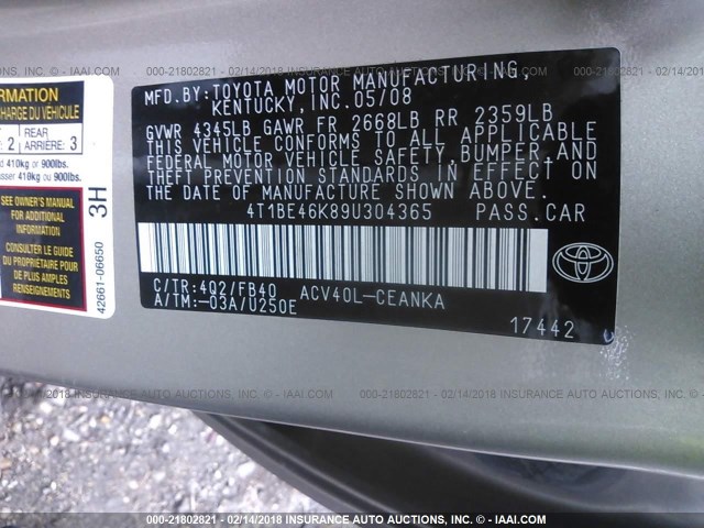 4T1BE46K89U304365 - 2009 TOYOTA CAMRY SE/LE/XLE 棕色 照片 9