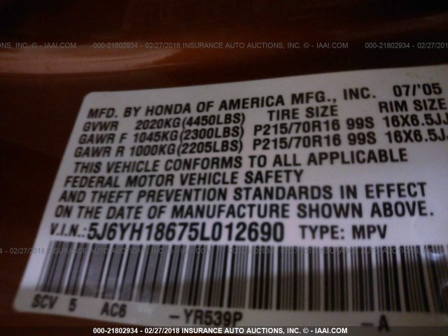 5J6YH18675L012690 - 2005 HONDA ELEMENT EX ORANGE photo 9