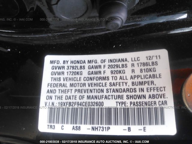 19XFB2F94CE032600 - 2012 HONDA CIVIC EXL BLACK photo 9