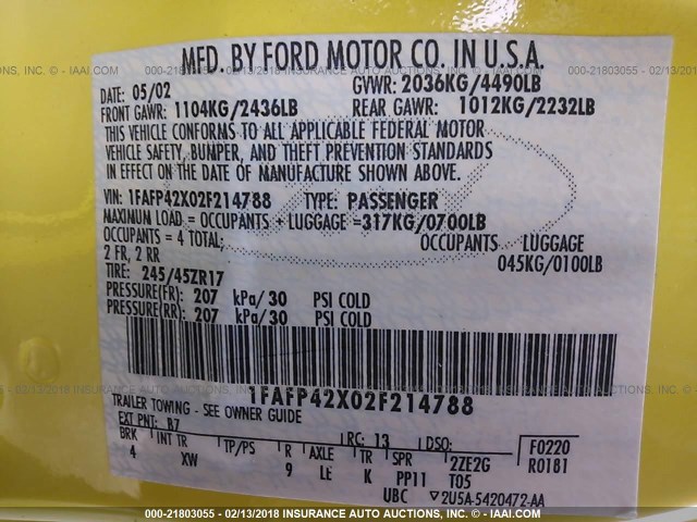1FAFP42X02F214788 - 2002 FORD MUSTANG GT YELLOW photo 9