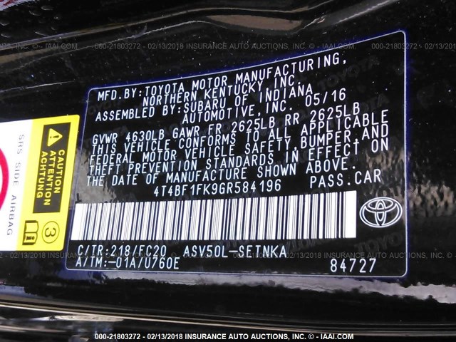 4T4BF1FK9GR584196 - 2016 TOYOTA CAMRY LE/XLE/SE/XSE შავი ფოტო 9