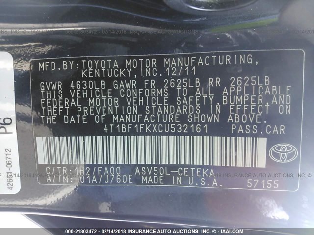 4T1BF1FKXCU532161 - 2012 TOYOTA CAMRY SE/LE/XLE BLACK photo 9