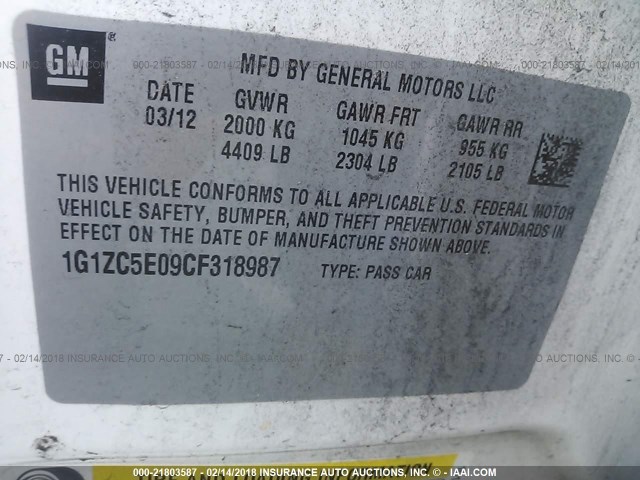 1G1ZC5E09CF318987 - 2012 CHEVROLET MALIBU 1LT 白色 照片 9