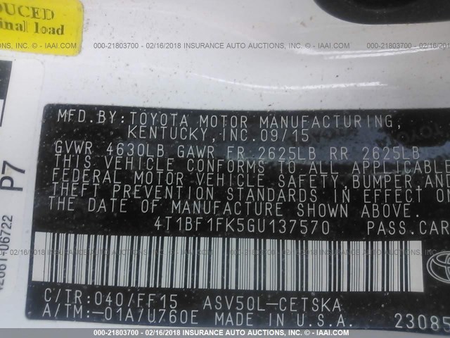 4T1BF1FK5GU137570 - 2016 TOYOTA CAMRY LE/XLE/SE/XSE WHITE photo 9