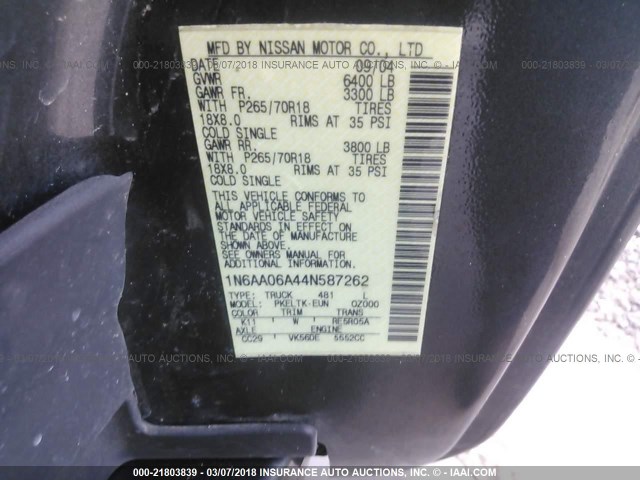 1N6AA06A44N587262 - 2004 NISSAN TITAN XE/SE/LE GRAY photo 9