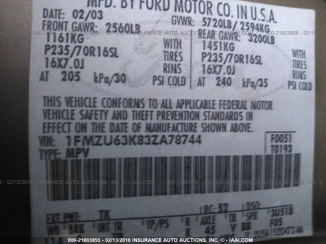 1FMZU63K83ZA78744 - 2003 FORD EXPLORER XLT/XLT SPORT/NBX 灰色 照片 9