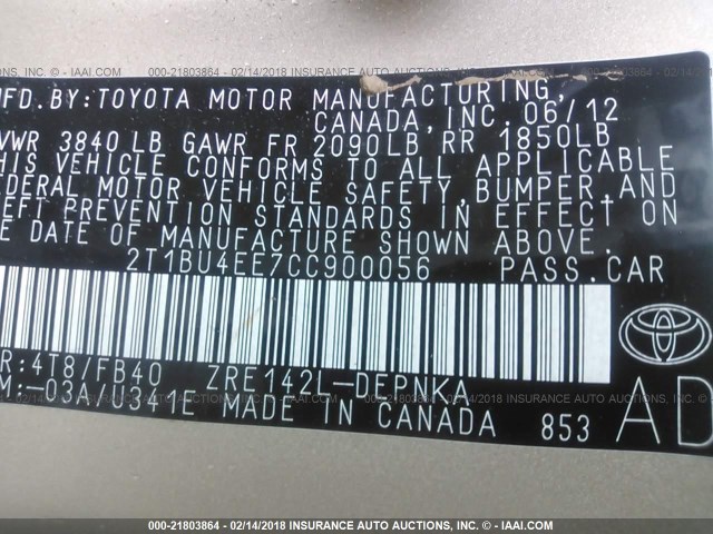 2T1BU4EE7CC900056 - 2012 TOYOTA COROLLA S/LE GOLD photo 9