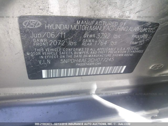 5NPDH4AE2CH077245 - 2012 HYUNDAI ELANTRA GLS/LIMITED GRAY photo 9