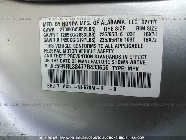 5FNRL38477B433656 - 2007 HONDA ODYSSEY EX SILVER photo 9