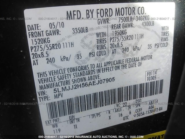 5LMJJ2H56AEJ07905 - 2010 LINCOLN NAVIGATOR 黑色 照片 9