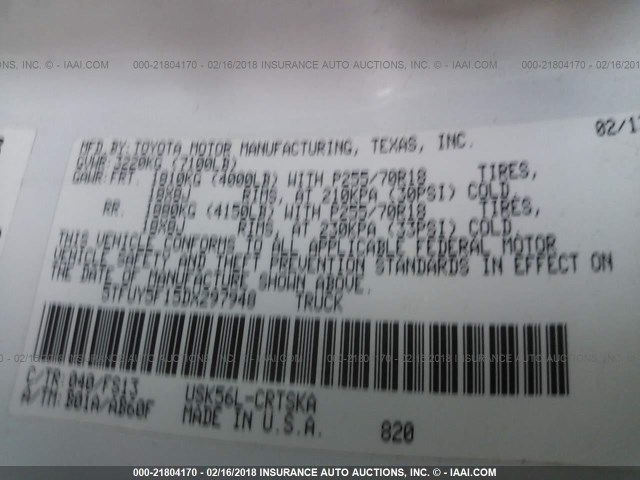 5TFUY5F15DX297948 - 2013 TOYOTA TUNDRA DOUBLE CAB SR5 WHITE photo 9