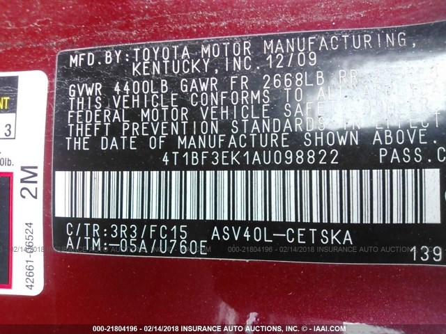 4T1BF3EK1AU098822 - 2010 TOYOTA CAMRY SE/LE/XLE RED photo 9