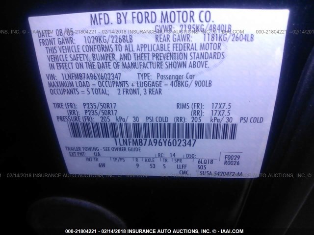 1LNFM87A96Y602347 - 2006 LINCOLN LS BLACK photo 9