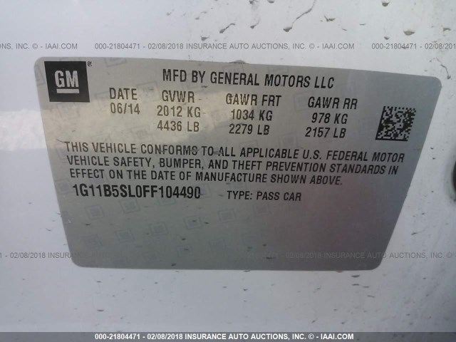 1G11B5SL0FF104490 - 2015 CHEVROLET MALIBU LS თეთრი ფოტო 9