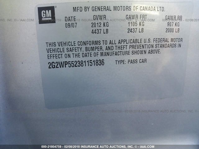 2G2WP552381151836 - 2008 PONTIAC GRAND PRIX SILVER photo 9