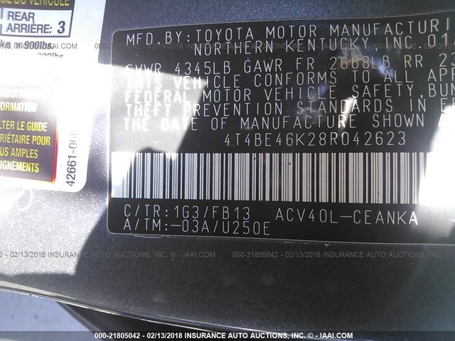 4T4BE46K28R042623 - 2008 TOYOTA CAMRY CE/LE/XLE/SE GRAY photo 9