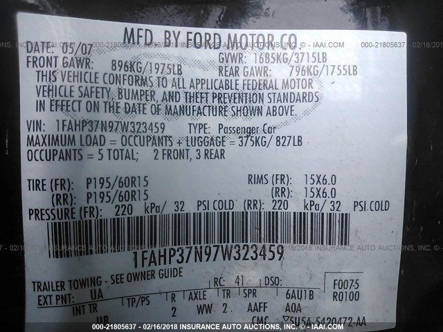 1FAHP37N97W323459 - 2007 FORD FOCUS ZX5/S/SE/SES 黑色 照片 9