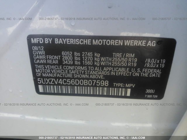 5UXZV4C56D0B07598 - 2013 BMW X5 XDRIVE35I WHITE photo 9