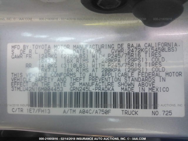 3TMLU42N16M004453 - 2006 TOYOTA TACOMA DOUBLE CAB ვერცხლისფერი ფოტო 9