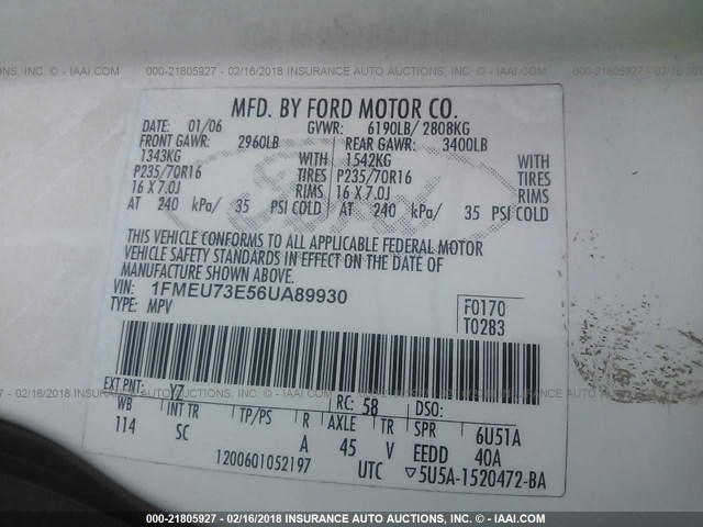 1FMEU73E56UA89930 - 2006 FORD EXPLORER XLT WHITE photo 9