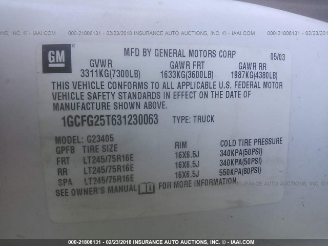 1GCFG25T631230063 - 2003 CHEVROLET EXPRESS G2500  WHITE photo 9