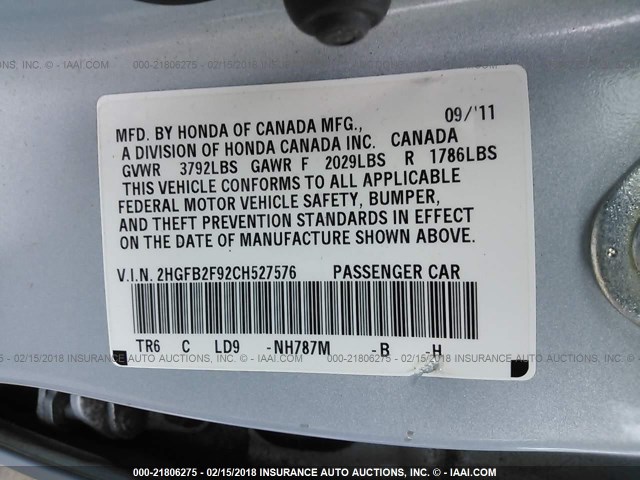 2HGFB2F92CH527576 - 2012 HONDA CIVIC EXL Light Blue photo 9