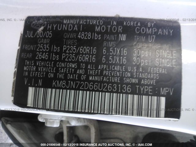 KM8JN72D66U263136 - 2006 HYUNDAI TUCSON GLS/LIMITED WHITE photo 9